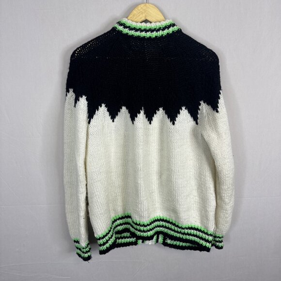 Vintage Hand Knit Zip Sweater Women’s L Black White Neon Green - Picture 3 of 4